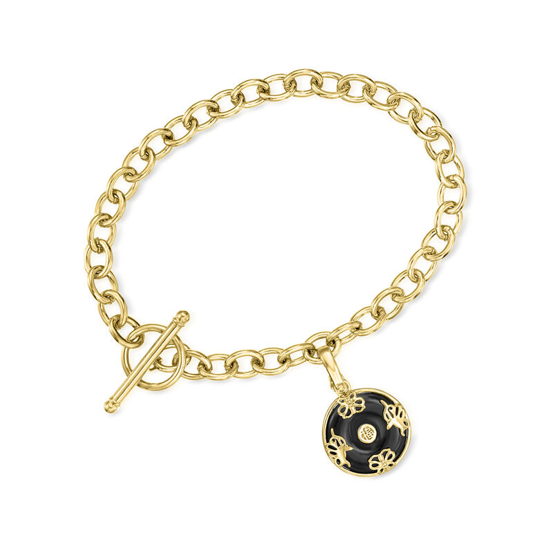 Black Agate "Good Fortune" Removable Butterfly Charm Bracelet in 18kt Gold Over Sterling. 7.25" image number 0