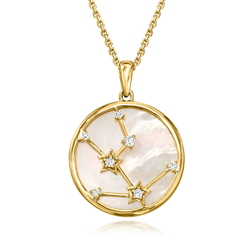 Taurus - Mother-of-Pearl Zodiac Constellation Pendant Necklace with White Topaz in 18kt Gold Over Sterling. 18"  image number 0