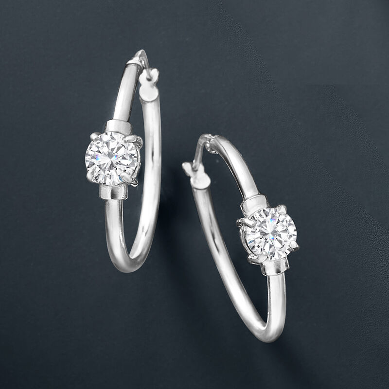 1.60 ct. t.w. CZ Station Hoop Earrings in Sterling Silver. 1&quot; image number 3