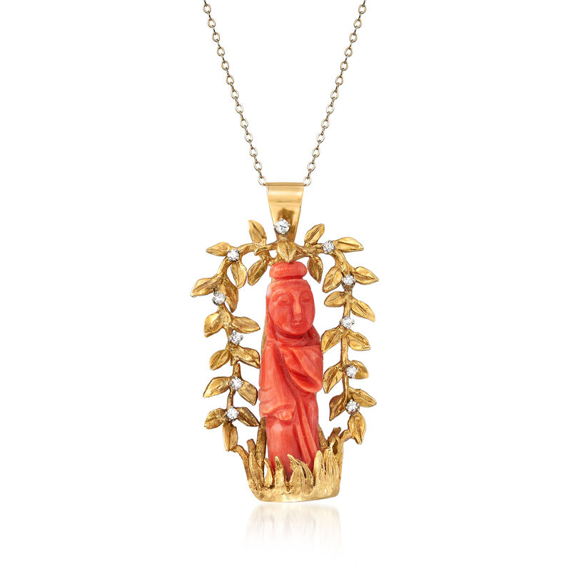 C. 1980 Vintage Coral and .35 ct. t.w. Diamond Buddha and Leaf Pendant Necklace in 14kt Yellow Gold image number 0