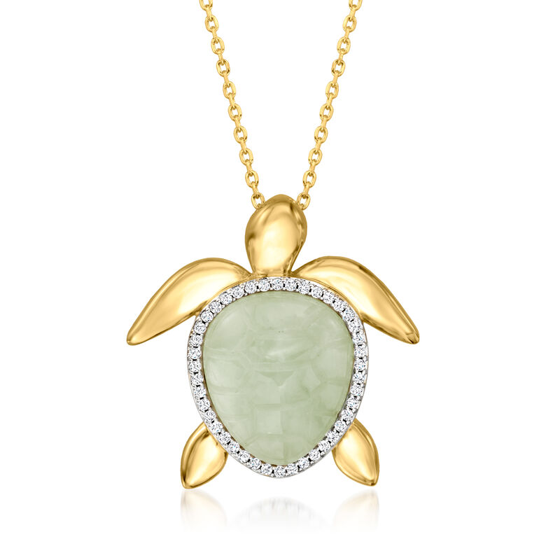 Jade Turtle Pendant Necklace with .20 ct. t.w. White Topaz in 18kt Gold Over Sterling image number 0