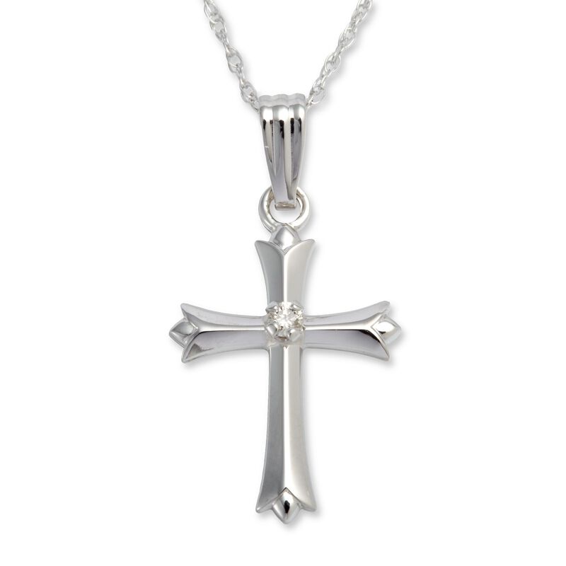 Child's 14kt White Gold Budded Cross Pendant Necklace with Single Diamond. 15&quot; image number 0