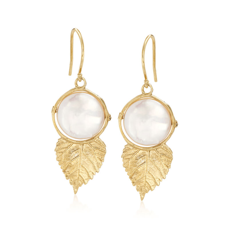 12mm Cultured Coin Pearl Leaf Drop Earrings in 18kt Gold Over Sterling image number 0