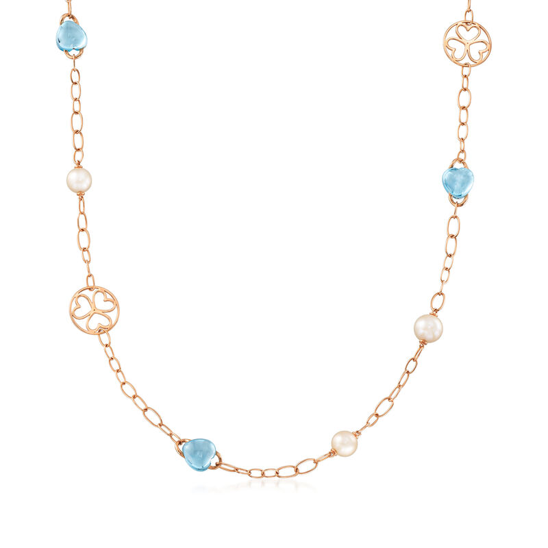 C. 1990 Vintage Mimi Milano 30.00 ct. t.w. Blue Topaz and 9x10mm Cultured Pearl Station Necklace in 18kt Rose Gold. 35&quot; image number 1