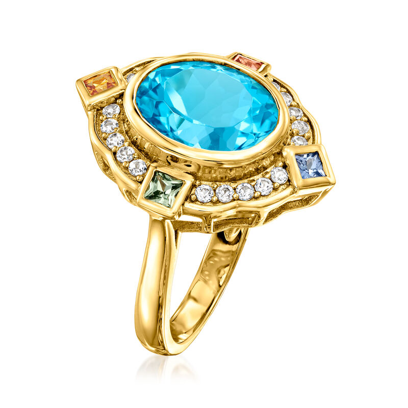 6.00 Carat Swiss Blue Topaz and .80 ct. t.w. Multi-Gemstone Ring in 18kt Gold Over Sterling image number 2