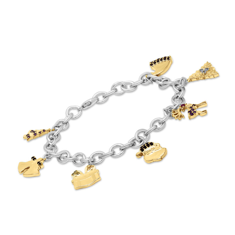 .58 ct. t.w. Multi-Gemstone Christmas Charm Bracelet in Two-Tone Sterling Silver image number 0