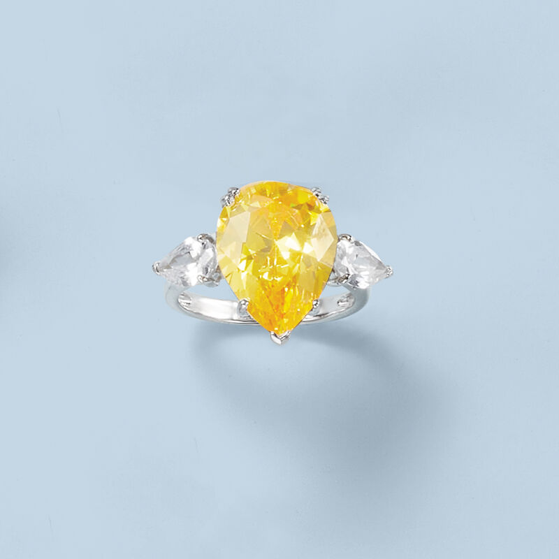 10.50 ct. t.w. Pear-Shaped Canary and White CZ Ring in Sterling Silver image number 3