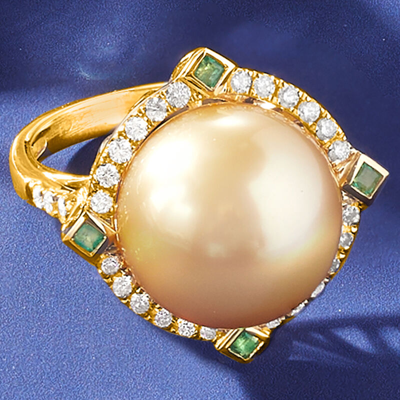 14-15mm Golden Cultured South Sea Pearl and .61 ct. t.w. Diamond Ring with .10 ct. t.w. Emeralds in 18kt Yellow Gold image number 3