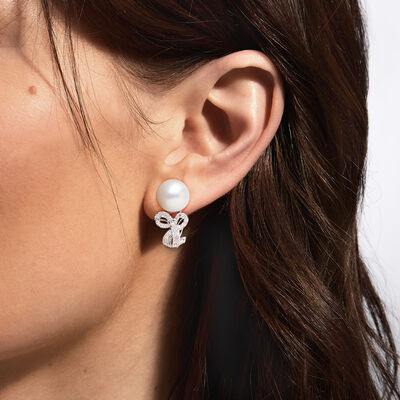 C. 1990 Vintage 10mm Cultured Pearl and .21 ct. t.w. Diamond Swirl Earrings in 18kt White Gold