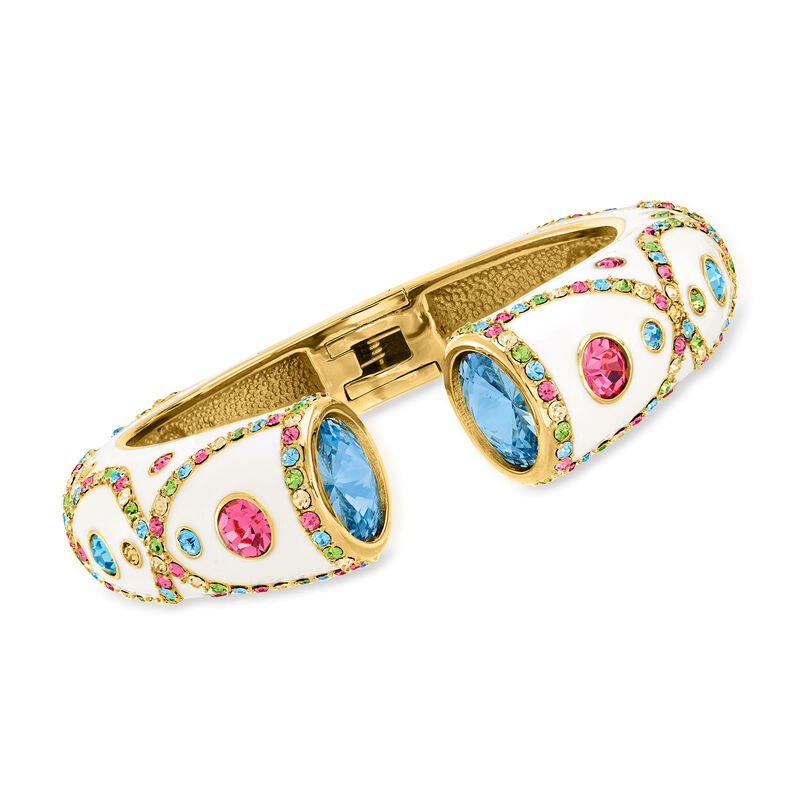 Multicolored Crystal Cuff Bracelet with White Enamel in 18kt Gold Over Sterling image number 0