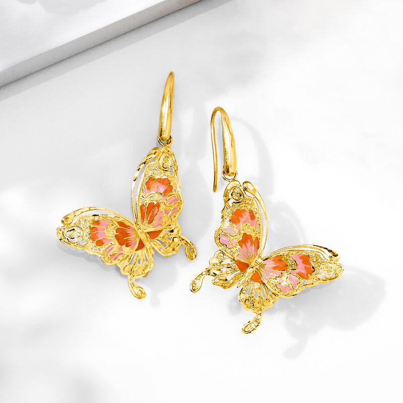 Italian Pink and Orange Enamel Butterfly Drop Earrings in 18kt Gold Over Sterling image number 2