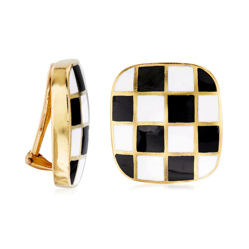 C. 1970 Vintage Black and White Enamel Clip-On Earrings in 18kt Yellow Gold image number 2