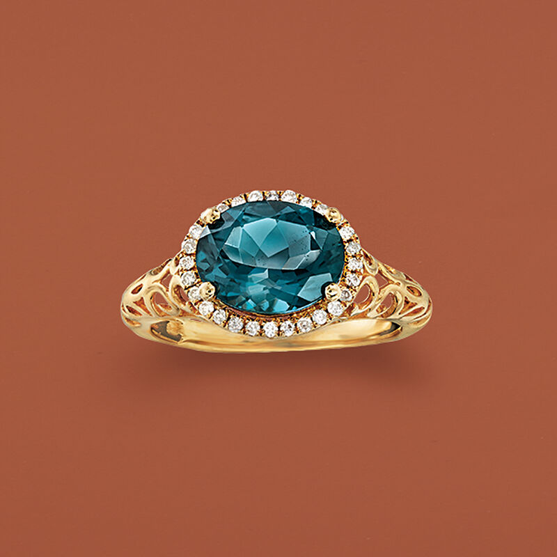 3.00 Carat London Blue Topaz and .10 ct. t.w. Diamond Ring in 14kt Yellow Gold image number 3