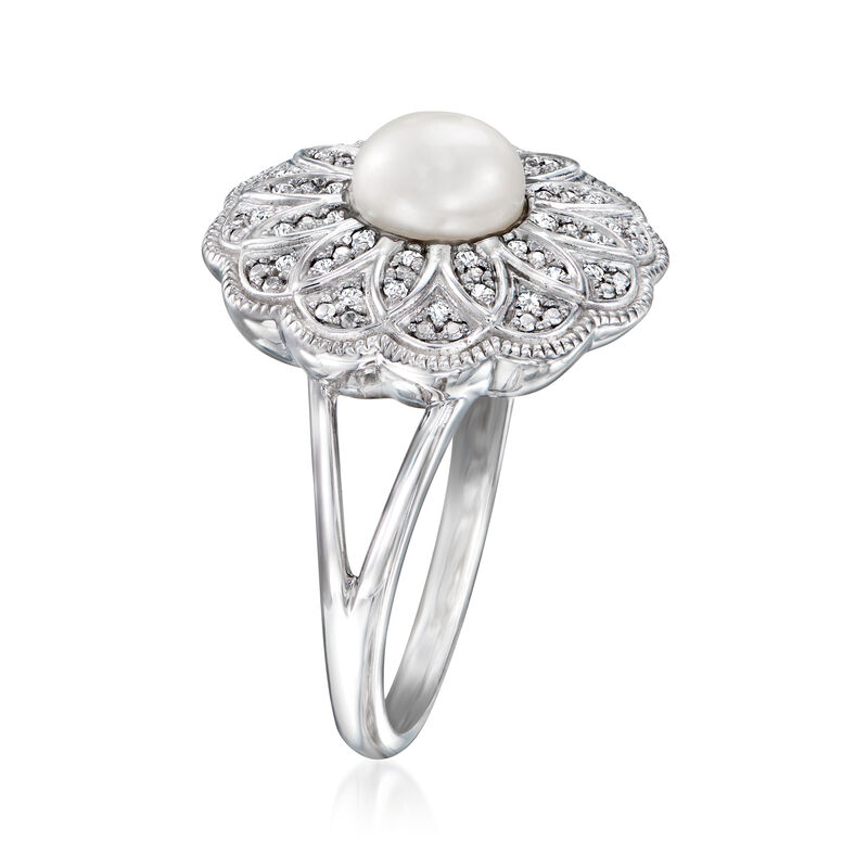 6-6.5mm Cultured Pearl and .10 ct. t.w. Diamond Milgrain Ring in Sterling Silver image number 2