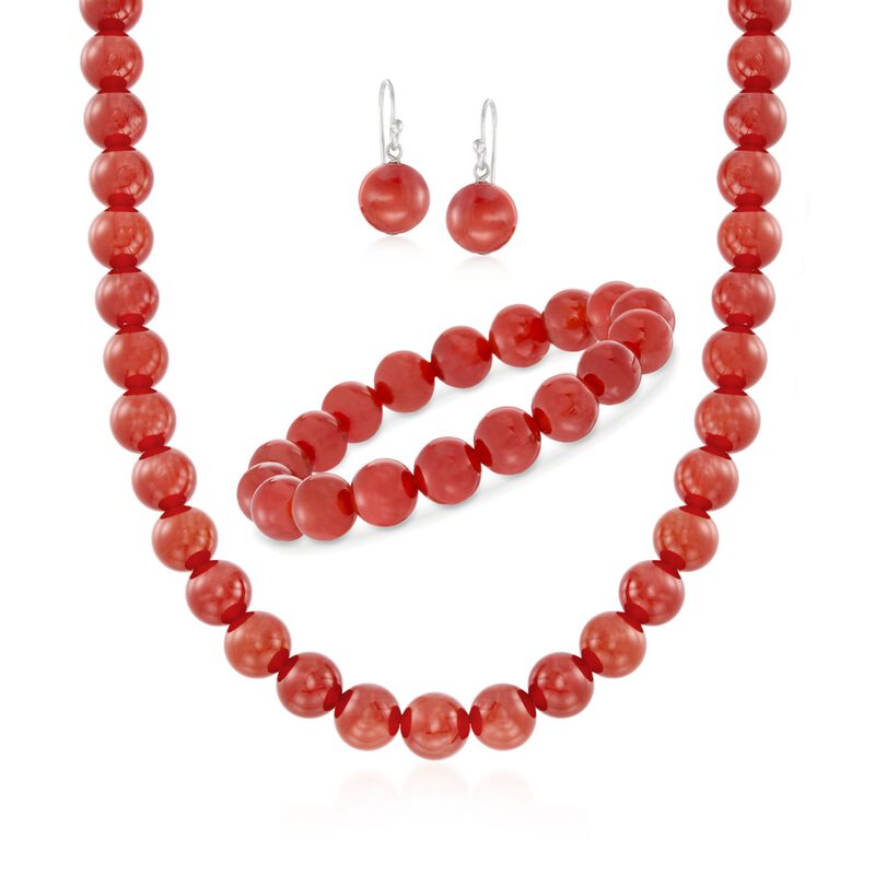 10mm Carnelian Jewelry Set: Beaded Necklace, Bracelet and Earrings in Sterling Silver. 18&quot; image number 0