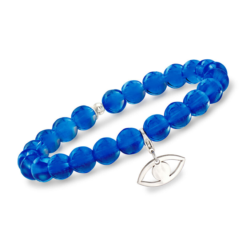 Italian Dark Blue Murano Glass Bead Stretch Bracelet with Sterling Silver Evil Eye Charm image number 0