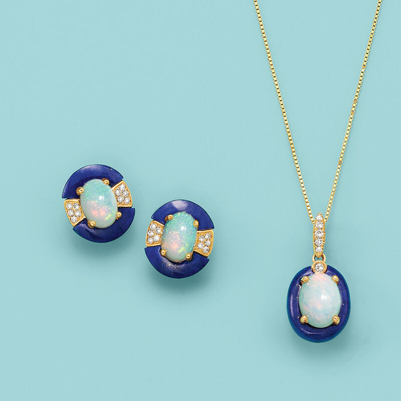 Opal and Lapis Pendant Necklace in 14kt Yellow Gold with Diamond Accents image number 2