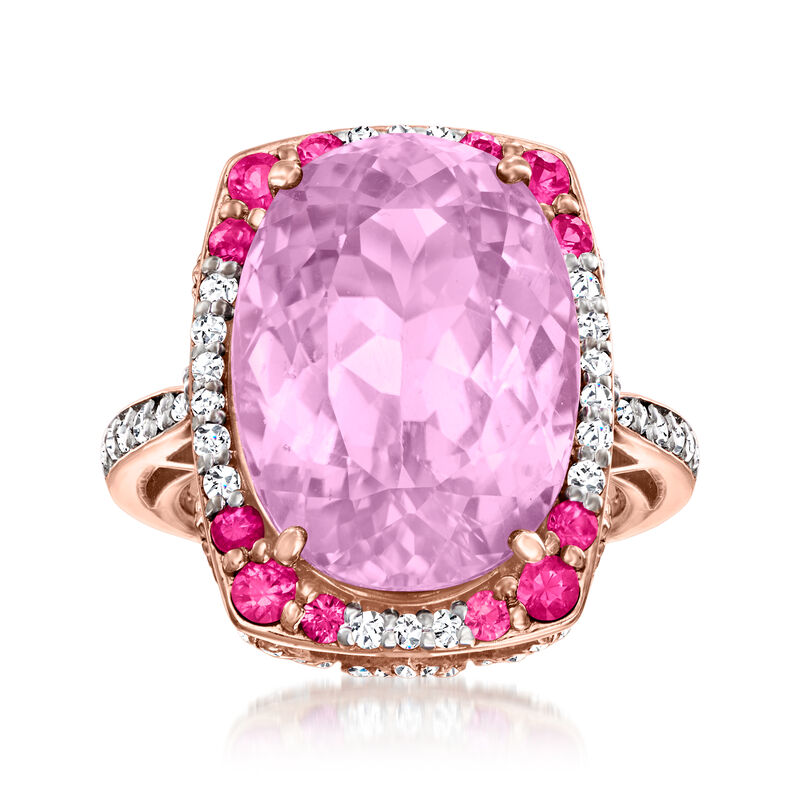 13.00 Carat Kunzite, .80 ct. t.w. White Zircon and .50 ct. t.w. Ruby Ring in 18kt Rose Gold Over Sterling. Size 9 image number 0