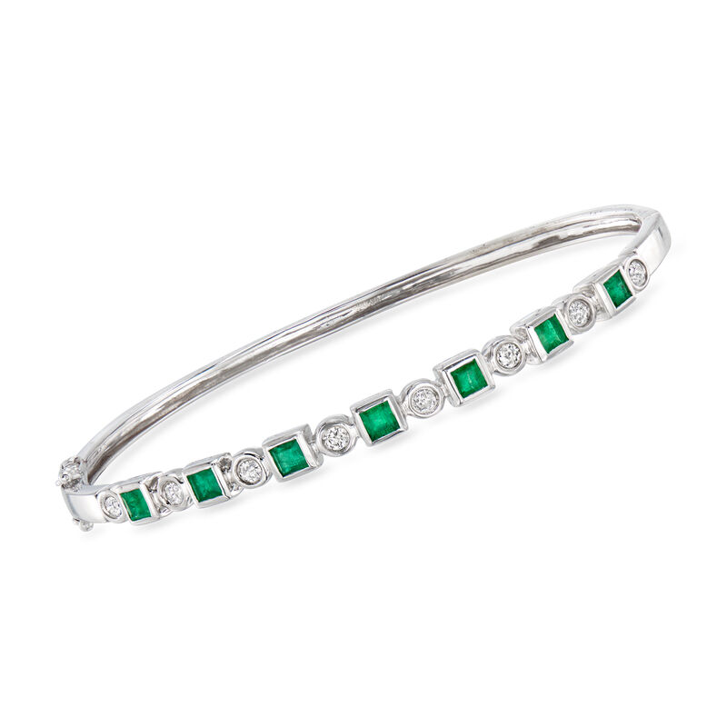 C. 1980 Vintage 1.05 ct. t.w. Emerald and .35 ct. t.w. Diamond Bangle Bracelet in 14kt White Gold. 7" image number 0