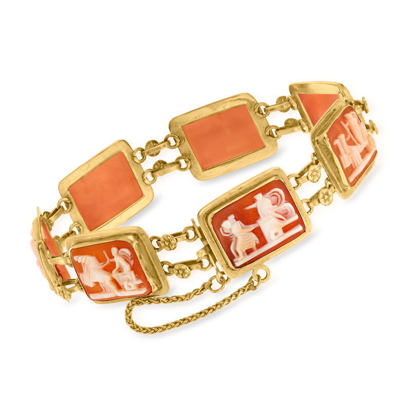 C. 1980 Vintage Orange Shell Chariot Cameo Bracelet in 18kt Yellow Gold image number 2