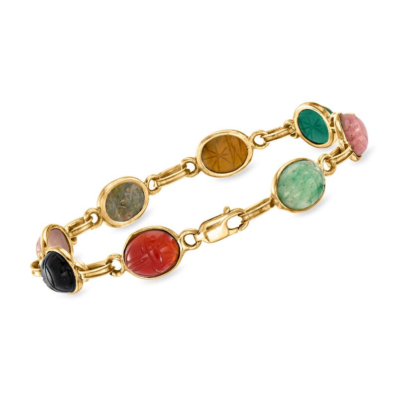 C. 1980 Vintage Multi-Gemstone Scarab Bracelet in 14kt Yellow Gold image number 2