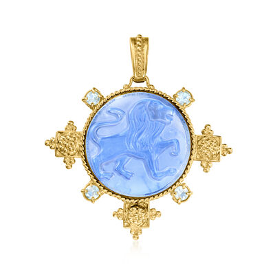 Italian Tagliamonte Blue Venetian Glass Lion Pendant with 1.00 ct. t.w. Sky Blue Topaz in 18kt Gold Over Sterling