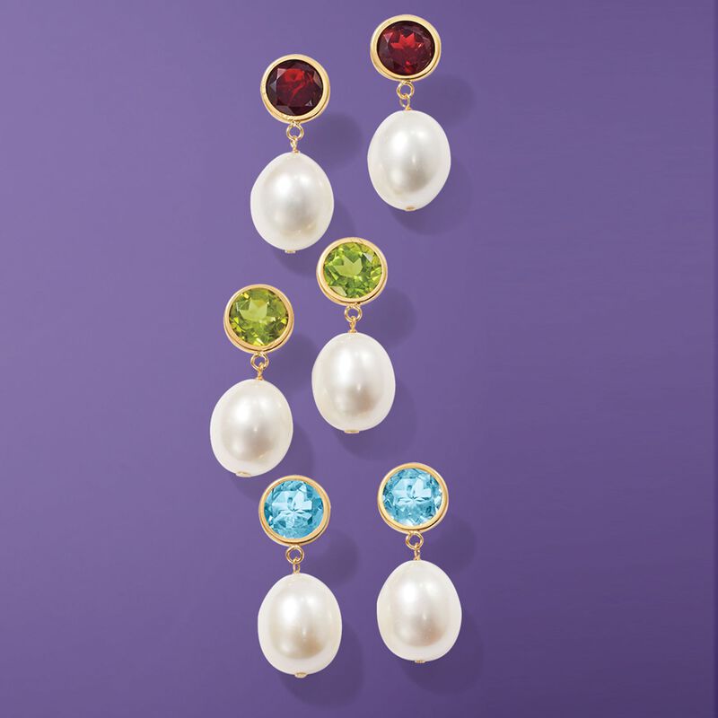 9.5-10mm Cultured Pearl and 4.00 ct. t.w. Garnet Drop Earrings in 14kt Yellow Gold image number 4
