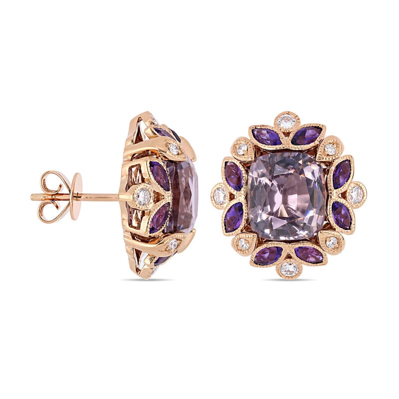 7.00 ct. t.w. Violet Spinel, 1.10 ct. t.w. Amethyst and .34 ct. t.w. Diamond Floral Stud Earrings in 14kt Rose Gold image number 1