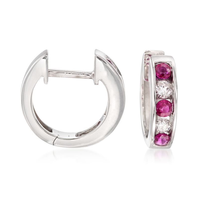 .30 ct. t.w. Ruby and .18 ct. t.w. Diamond Hoop Earrings in 14kt White Gold. 3/8&quot; image number 0
