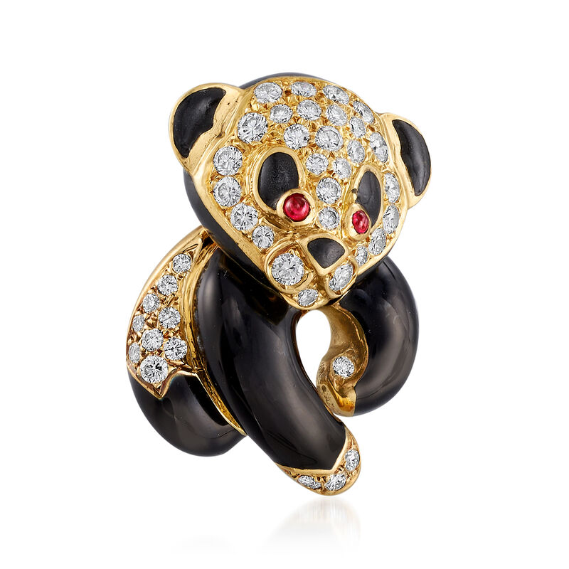 C. 1980 Vintage 1.30 ct. t.w. Diamond and Black Enamel Panda Pin with Ruby Accents in 18kt Yellow Gold image number 0