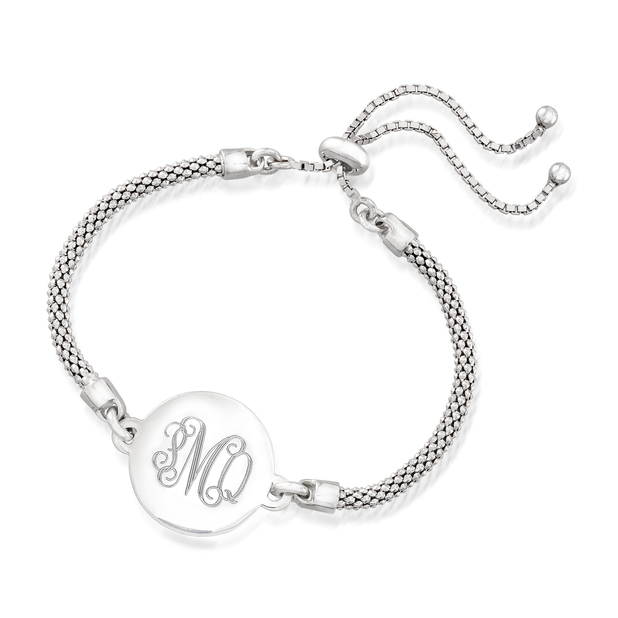 Sterling Silver Personalized Disc Popcorn-Chain Bolo Bracelet Sterling Silver Personalized Disc Popcorn-Chain Bolo Bracelet