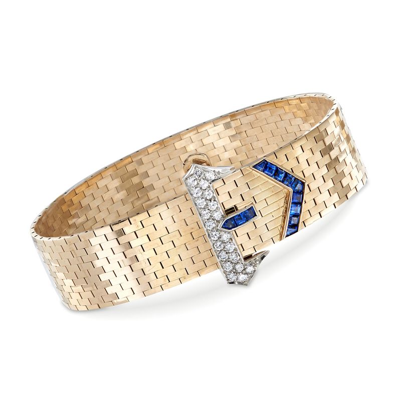C. 1950 Vintage Tiffany Jewelry .85 ct. t.w. Sapphire and .65 ct. t.w. Diamond Buckle Bracelet in 14kt Yellow Gold image number 0