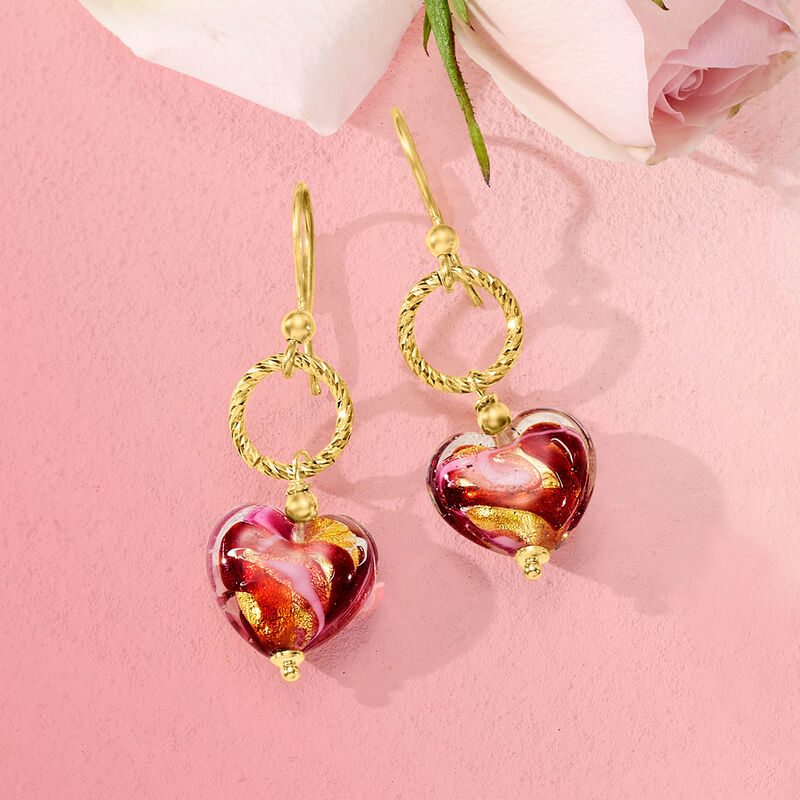 Italian Red and Pink Murano Glass Heart Drop Earrings in 18kt Gold Over Sterling image number 2
