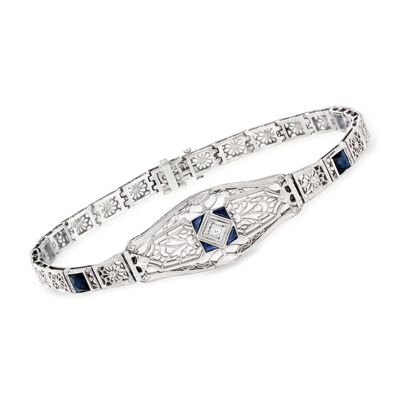 C. 1950 Vintage 1.15 ct. t.w. Simulated Sapphire Filigree Bracelet in 14kt White Gold. 7.75&quot; image number 0