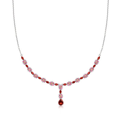 2.80 ct. t.w. Garnet and 1.40 ct. t.w. Pink Tourmaline Floral Y-Necklace with .10 ct. t.w. White Zircons in Sterling Silver