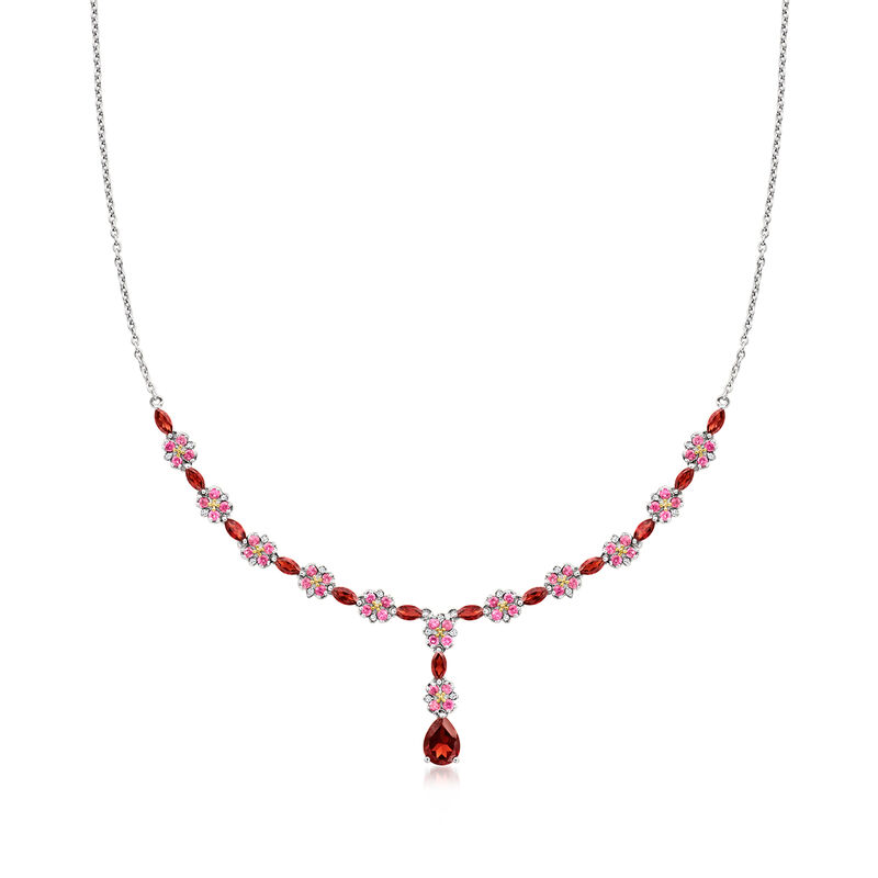 2.80 ct. t.w. Garnet and 1.40 ct. t.w. Pink Tourmaline Floral Y-Necklace with .10 ct. t.w. White Zircons in Sterling Silver. 18&quot; image number 1