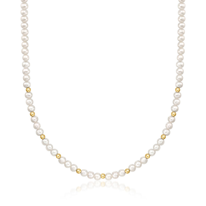 4-5mm Cultured Pearl and 3mm 14kt Yellow Gold Bead Necklace. 16&quot; image number 1