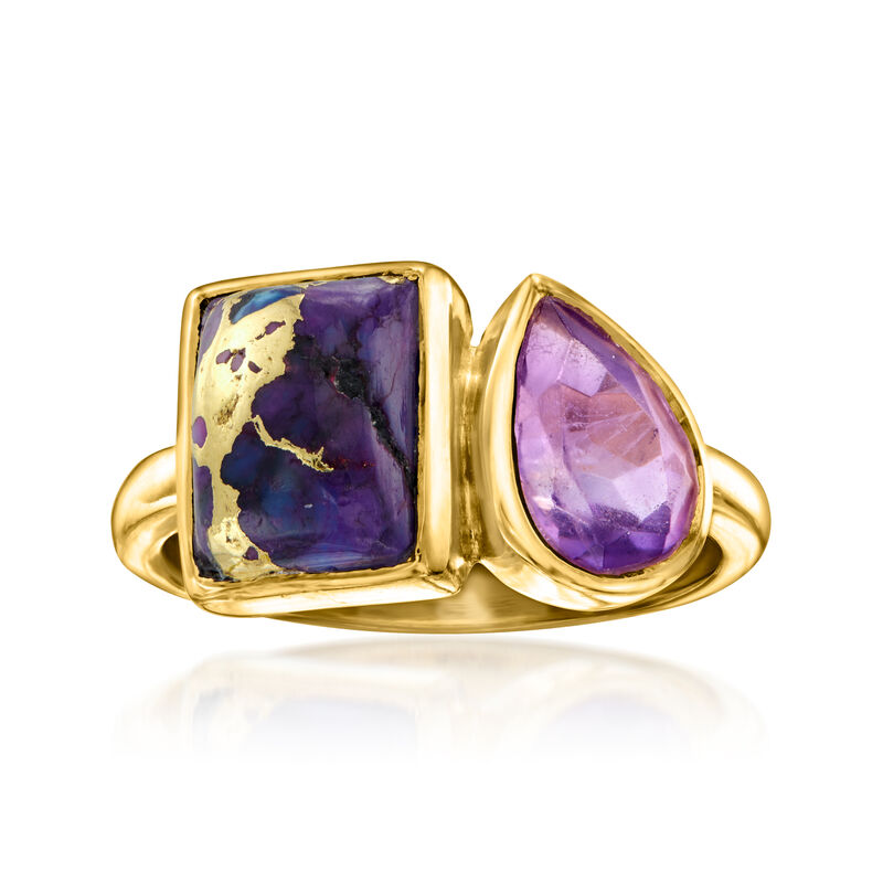 Purple Turquoise and 1.10 Carat Amethyst Toi et Moi Ring in 18kt Gold Over Sterling image number 0