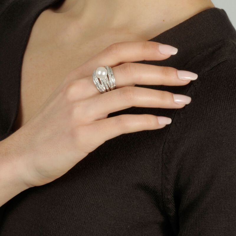 9mm Cultured Pearl and .20 ct. t.w. Diamond Highway Ring in Sterling Silver image number 4