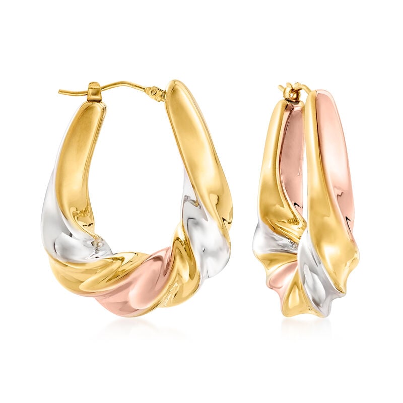 Italian Andiamo 14kt Tri-Colored Gold Over Resin Scalloped Hoop Earrings. 1 3/8&quot; image number 0