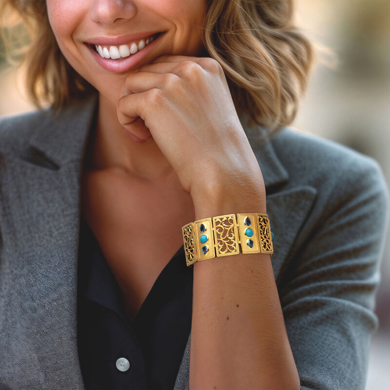 Turquoise and 6.75 ct. t.w. Swiss Blue Topaz Bracelet in 18kt Gold Over Sterling image number 1