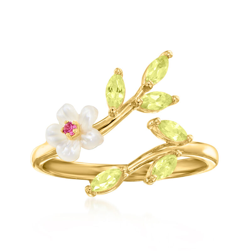 Mother-of-Pearl and .30 ct. t.w. Peridot Flower Ring with Rhodolite Garnet in 18kt Gold Over Sterling image number 0