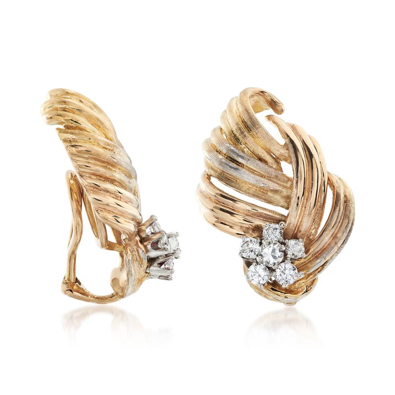 C. 1980 Vintage 1.10 ct. t.w. Diamond Floral Clip-On Earrings in 14kt Yellow Gold image number 2