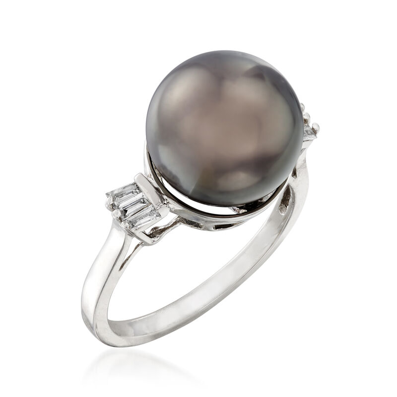 11-11.5mm Cultured Black Tahitian Pearl and .18 ct. t.w. Diamond Ring in 14kt White Gold image number 2