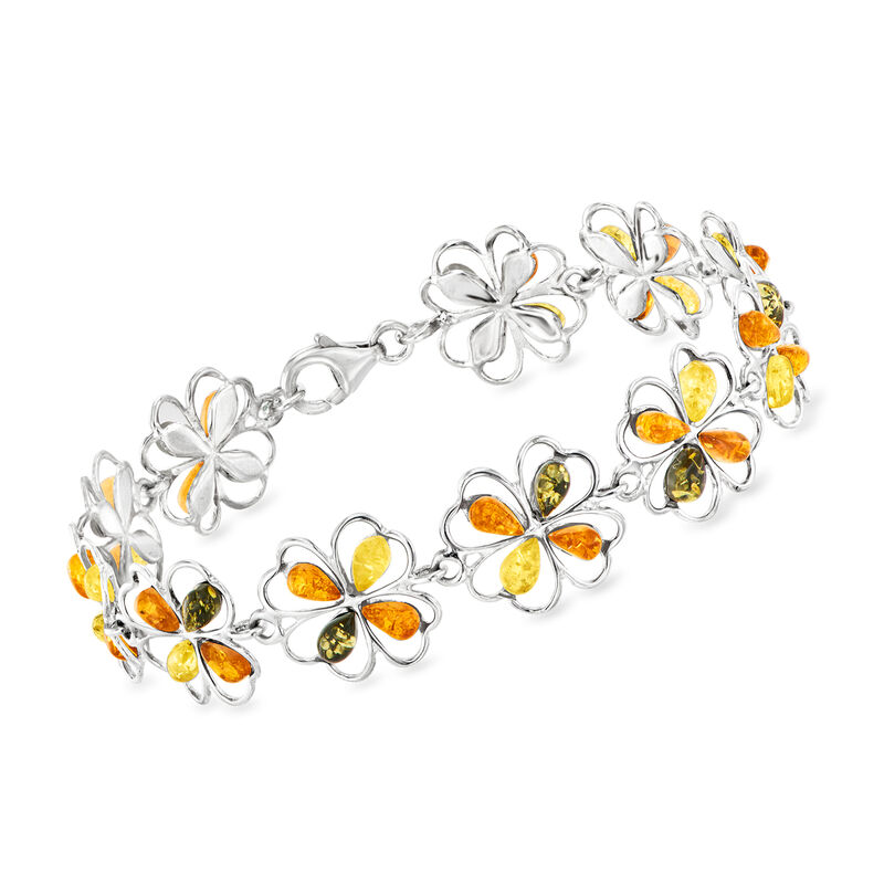 Multicolored Amber Four-Leaf Clover Bracelet in Sterling Silver image number 0