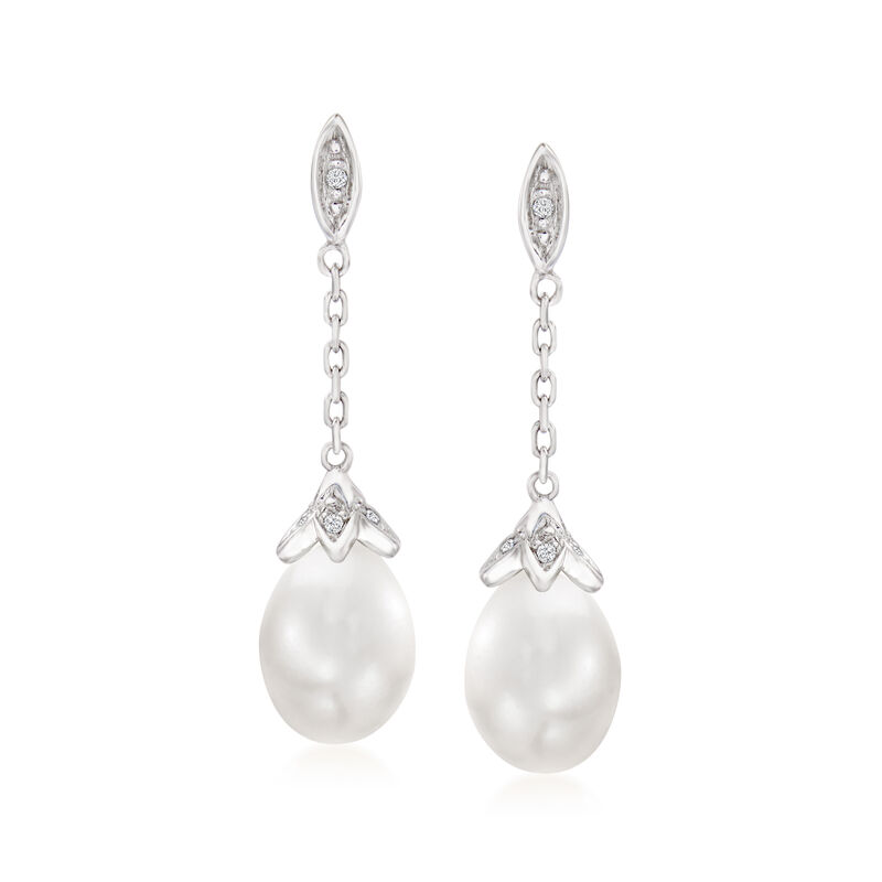 7mm Cultured Pearl Drop Earrings with Diamond Accents in Sterling Silver image number 0