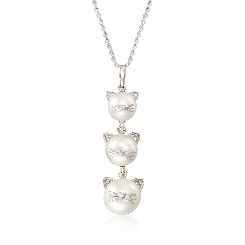 7-9.5mm Cultured Pearl Cat Pendant Necklace with Diamond Accents in Sterling Silver image number 0