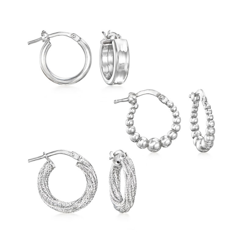 Italian Sterling Silver Jewelry Set: Three Pairs of Hoop Earrings. 1/2-5/8&quot; image number 0