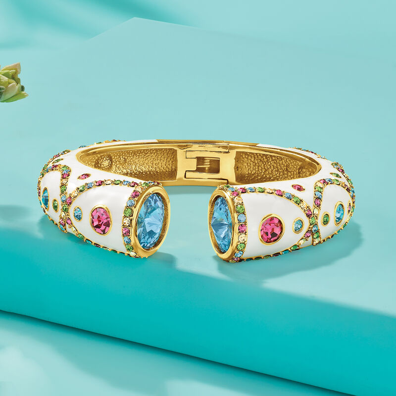 Multicolored Crystal Cuff Bracelet with White Enamel in 18kt Gold Over Sterling image number 2