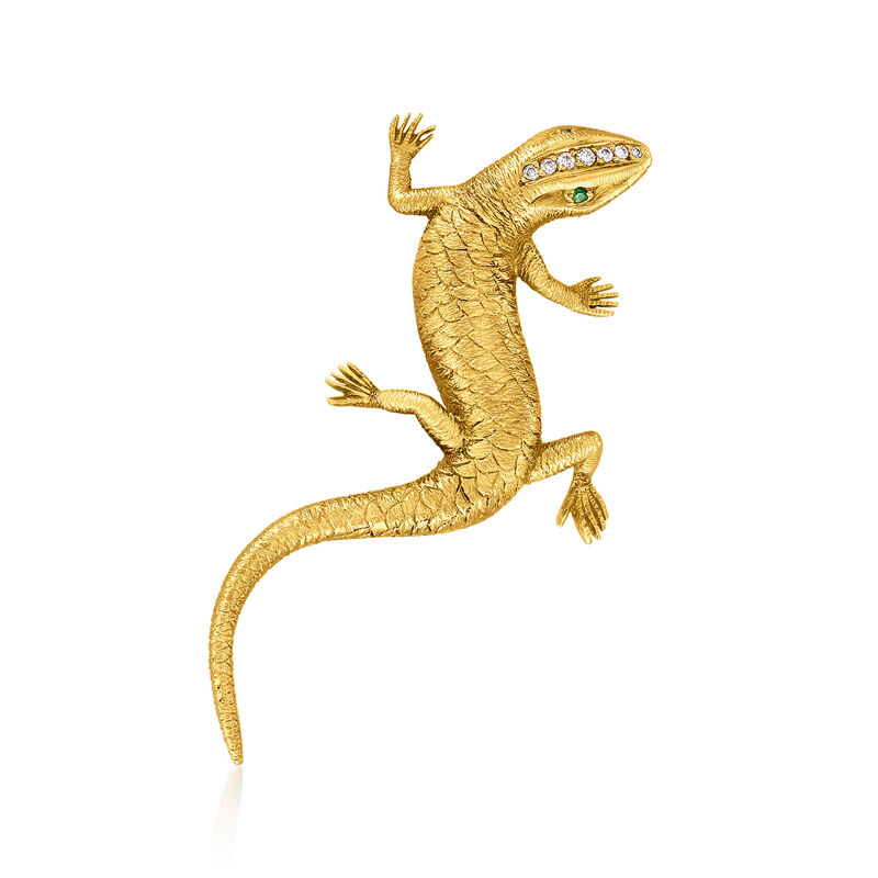C. 1963 Vintage .10 ct. t.w. Diamond Salamander Pin in 18kt Yellow Gold with Green Garnet Accents and British Hallmark  image number 0